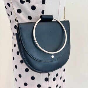 Minimalist Green Leather‎ Saddle Shoulder Bag with Silver Hoop  & Chain Strap